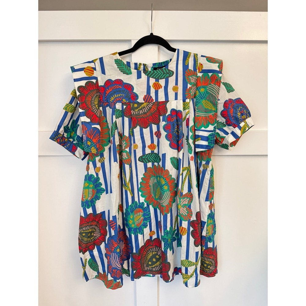 Beulah Style floral print mini dress with blue stripes all size